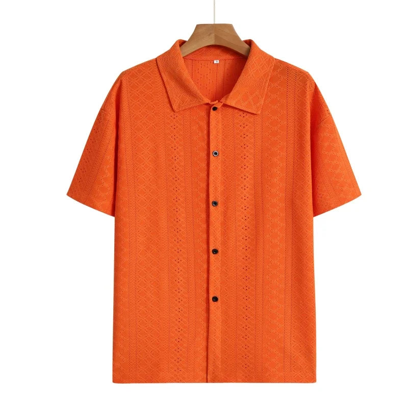 Men’s Geometric Crochet Knit Shirt – Short Sleeve Beach Top