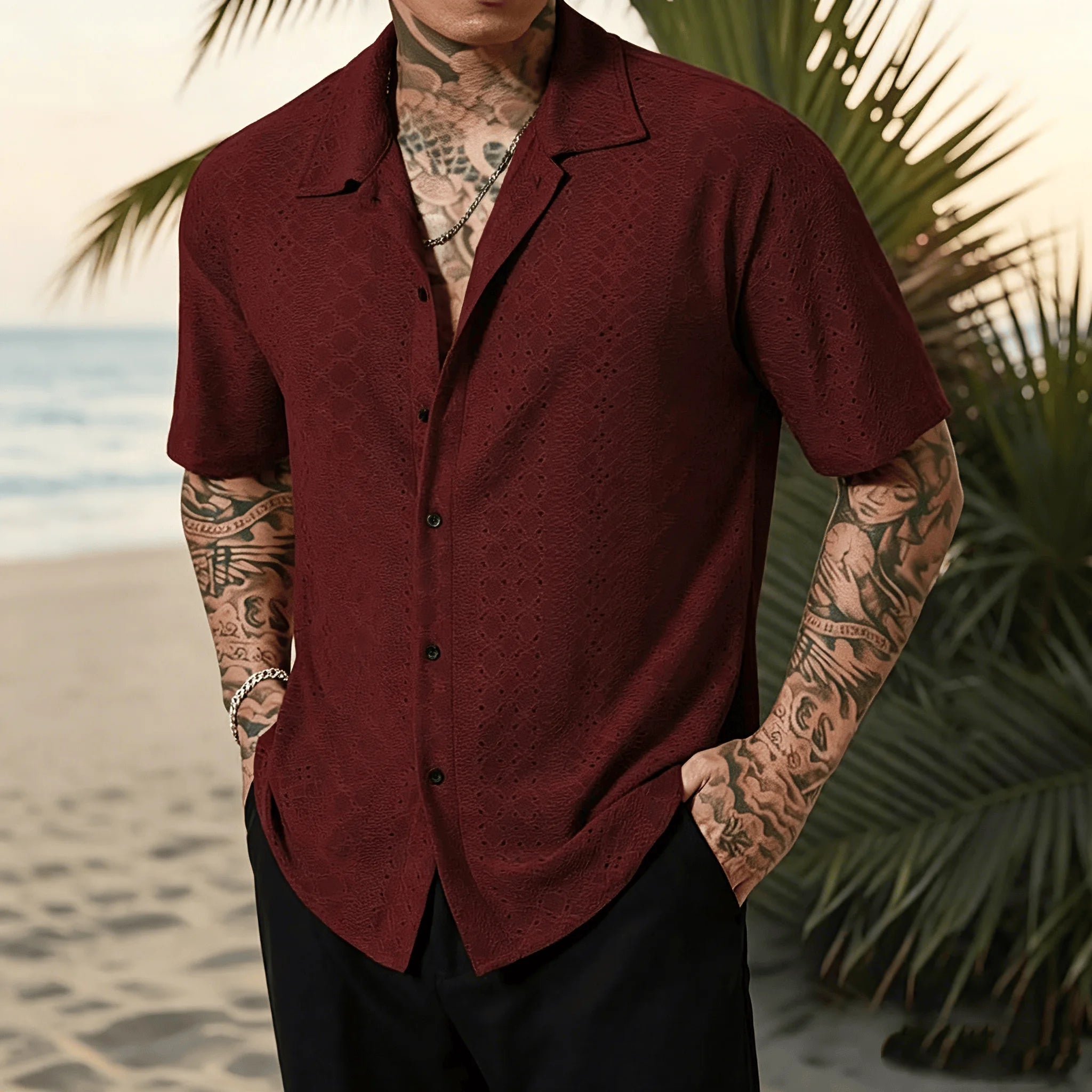 Men’s Geometric Crochet Knit Shirt – Short Sleeve Beach Top