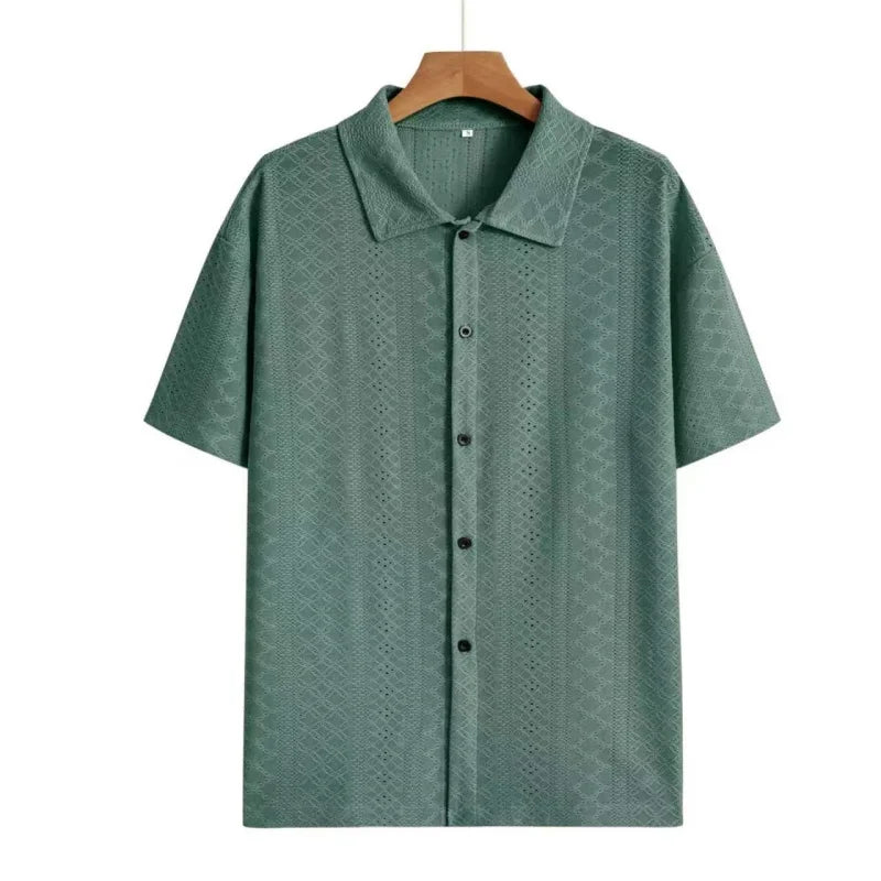 Men’s Geometric Crochet Knit Shirt – Short Sleeve Beach Top