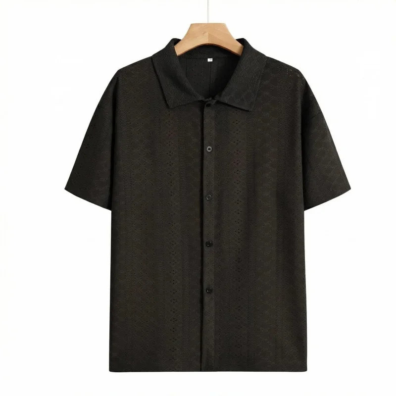 Men’s Geometric Crochet Knit Shirt – Short Sleeve Beach Top