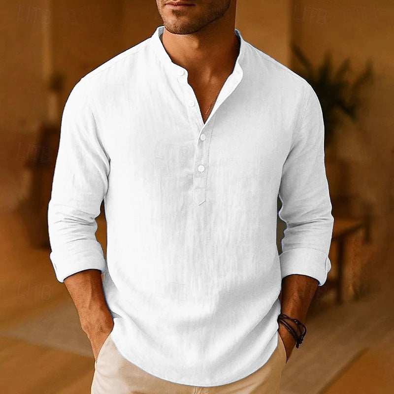 Back view of mens long sleeve linen henley shirt