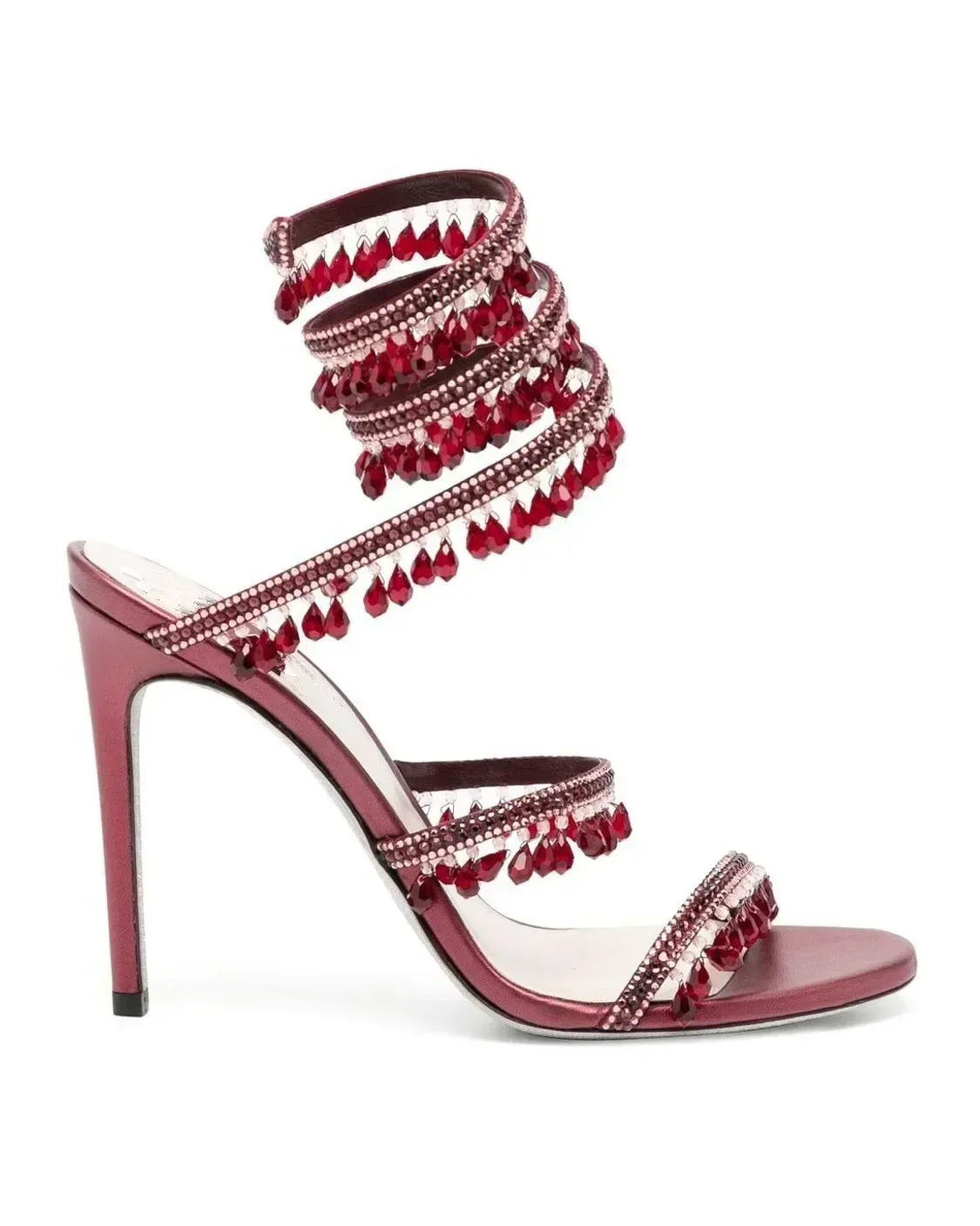 Model wearing open toe ankle strap high heel sandals