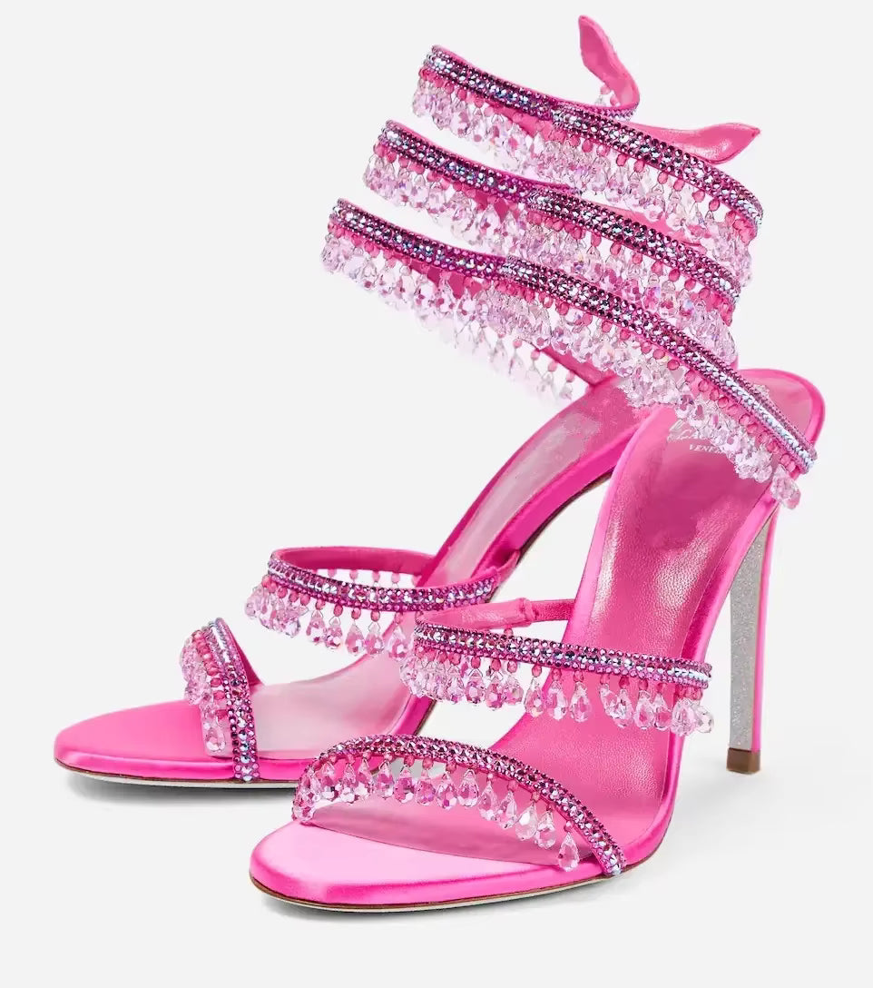 Open toe heels showing cushioned footbed and strap design