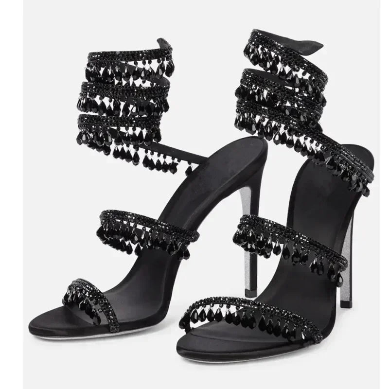 Back view of open toe ankle strap heeled sandals