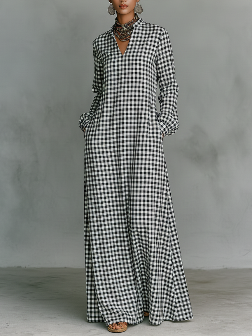 Minimalist Collection | Long Sleeve Maxi Dress with V-Neck Design | Comfortable Cotton Dress for Effortless Style