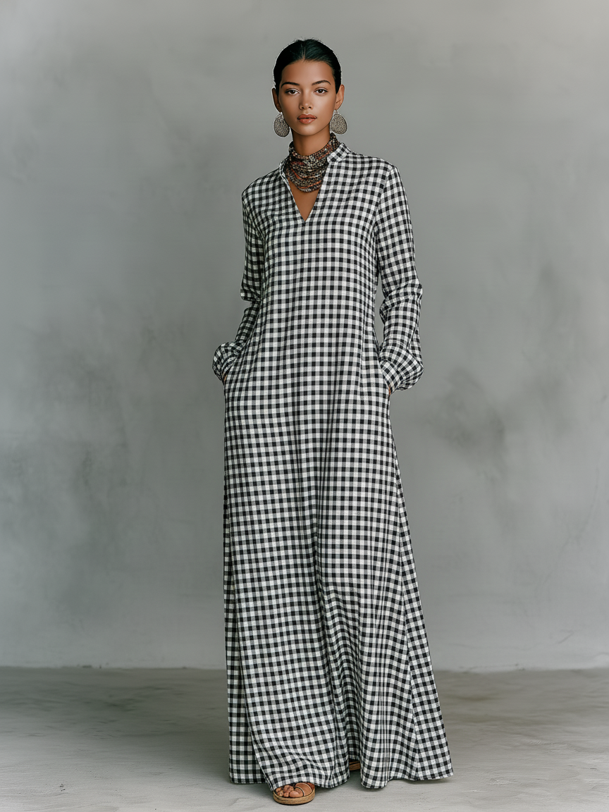 Minimalist Collection | Long Sleeve Maxi Dress with V-Neck Design | Comfortable Cotton Dress for Effortless Style