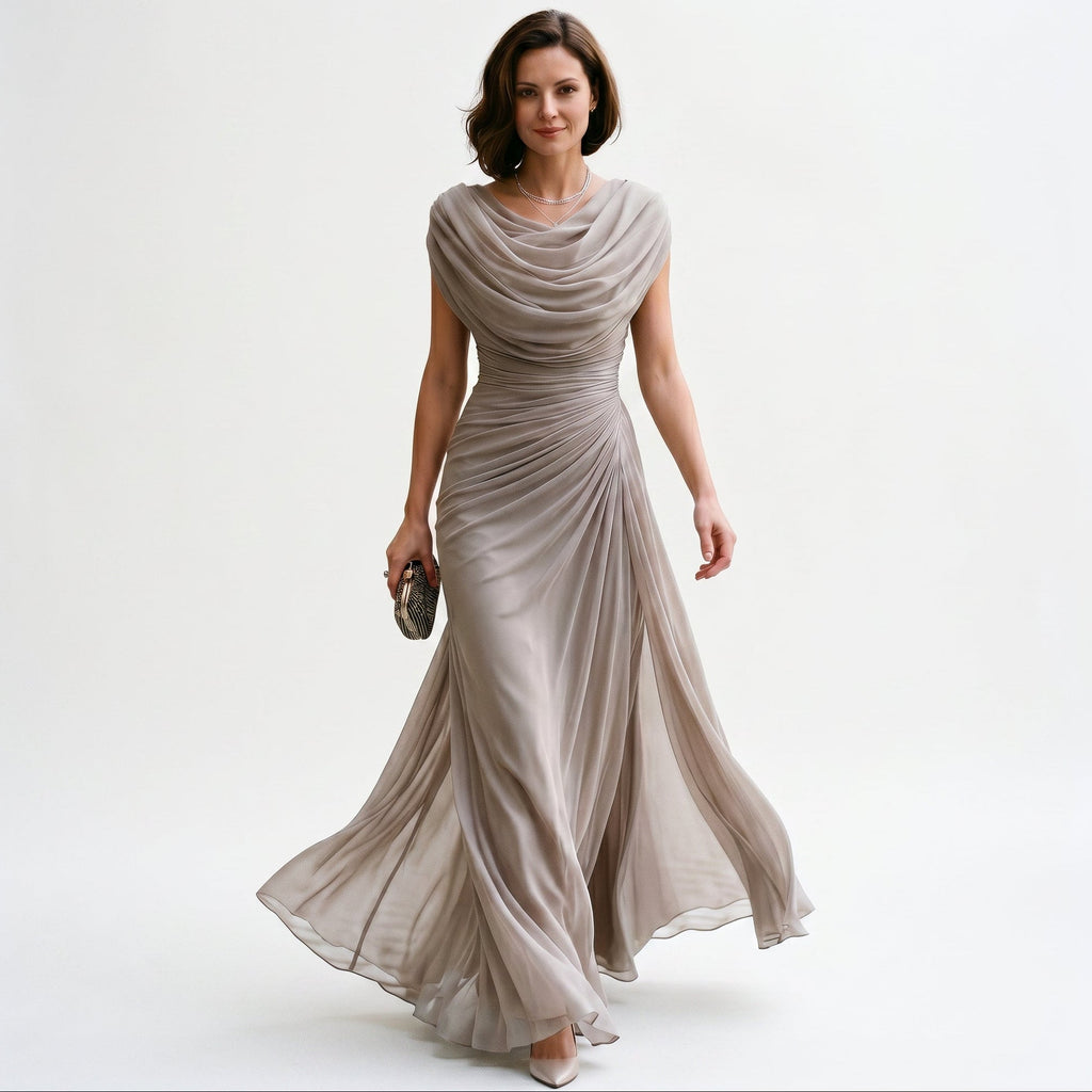 Elegant Maxi Dress for Women with Draped Cowl Neckline and Sculpted Waist