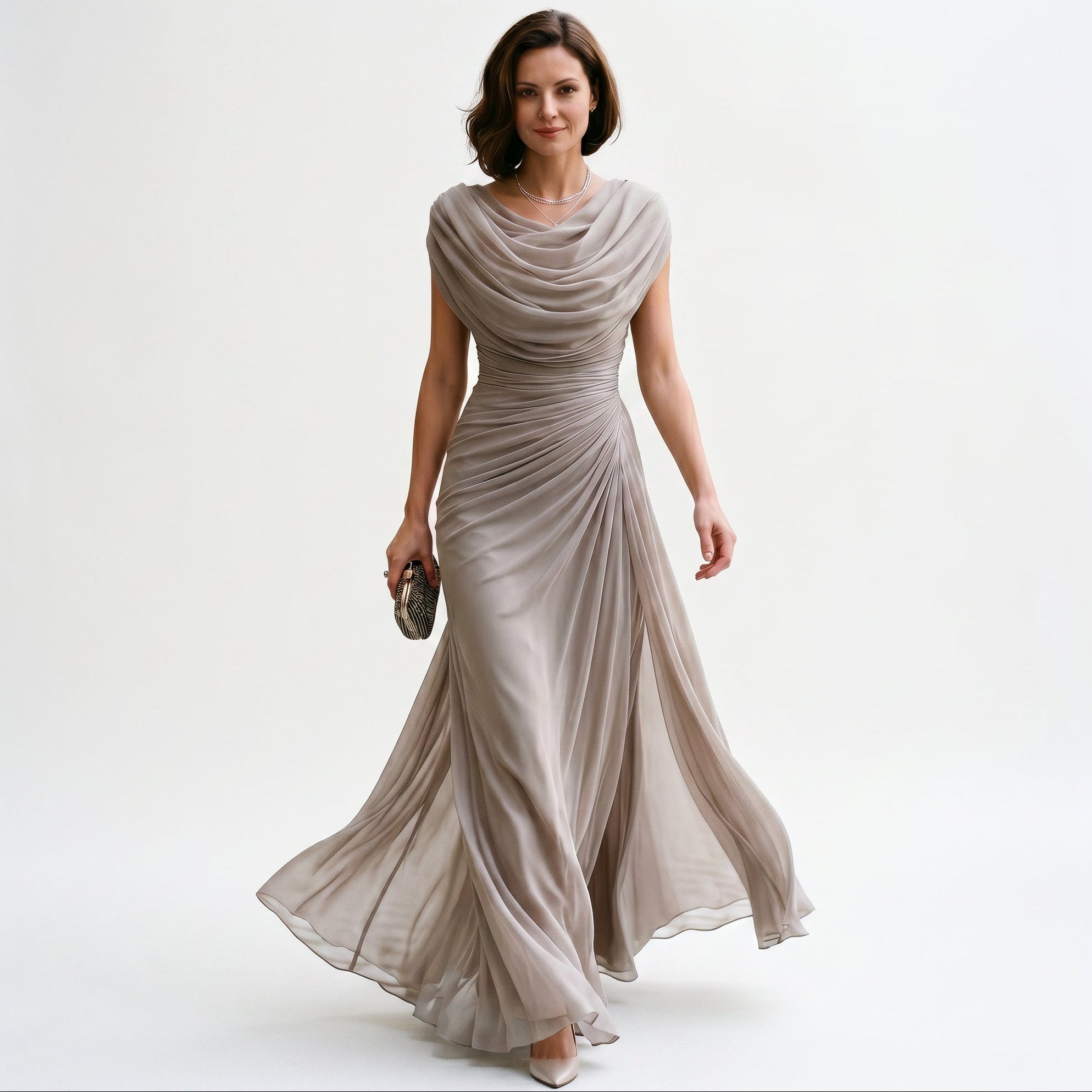 Elegant Maxi Dress for Women with Draped Cowl Neckline and Sculpted Waist