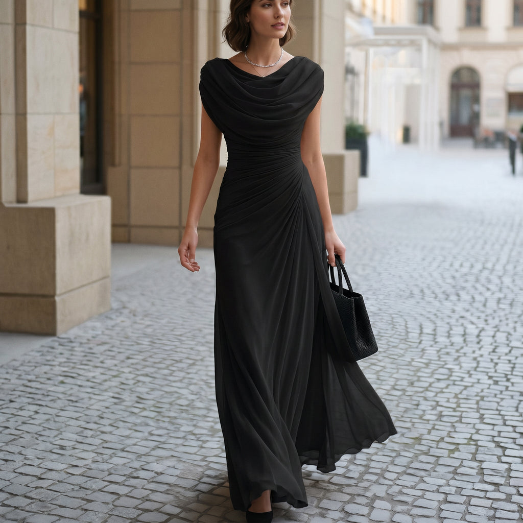 Elegant Maxi Dress for Women with Draped Cowl Neckline and Sculpted Waist