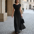 Elegant Maxi Dress for Women with Draped Cowl Neckline and Sculpted Waist