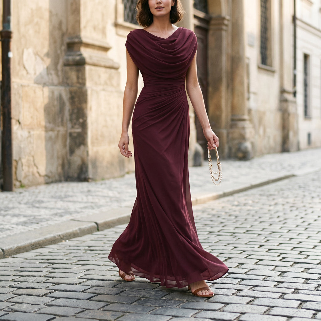 Elegant Maxi Dress for Women with Draped Cowl Neckline and Sculpted Waist