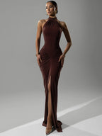 Women's Chocolate Brown Halter Neck Ruched Bodycon Maxi Dress – Sexy High Slit Formal Evening Party Gown