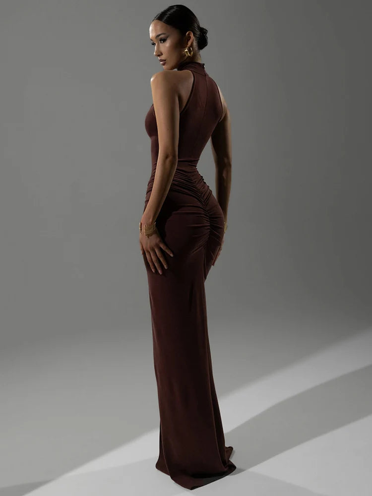 Women's Chocolate Brown Halter Neck Ruched Bodycon Maxi Dress – Sexy High Slit Formal Evening Party Gown