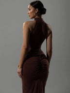 Women's Chocolate Brown Halter Neck Ruched Bodycon Maxi Dress – Sexy High Slit Formal Evening Party Gown
