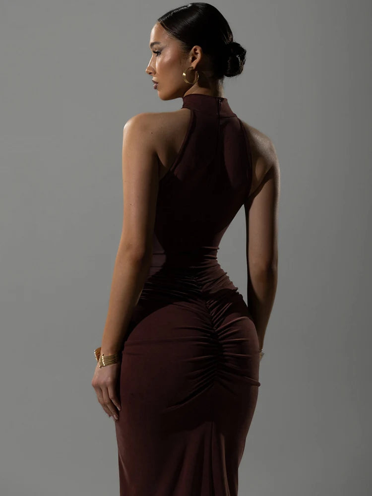 Women's Chocolate Brown Halter Neck Ruched Bodycon Maxi Dress – Sexy High Slit Formal Evening Party Gown