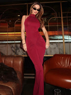 Women's Chocolate Brown Halter Neck Ruched Bodycon Maxi Dress – Sexy High Slit Formal Evening Party Gown