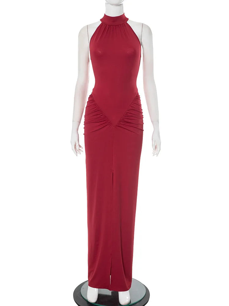 Women's Chocolate Brown Halter Neck Ruched Bodycon Maxi Dress – Sexy High Slit Formal Evening Party Gown