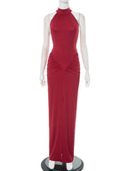 Women's Chocolate Brown Halter Neck Ruched Bodycon Maxi Dress – Sexy High Slit Formal Evening Party Gown
