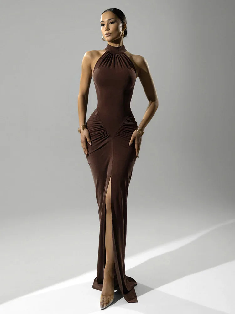 Women's Chocolate Brown Halter Neck Ruched Bodycon Maxi Dress – Sexy High Slit Formal Evening Party Gown