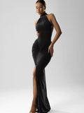 Women's Chocolate Brown Halter Neck Ruched Bodycon Maxi Dress – Sexy High Slit Formal Evening Party Gown