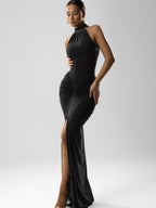 Women's Chocolate Brown Halter Neck Ruched Bodycon Maxi Dress – Sexy High Slit Formal Evening Party Gown
