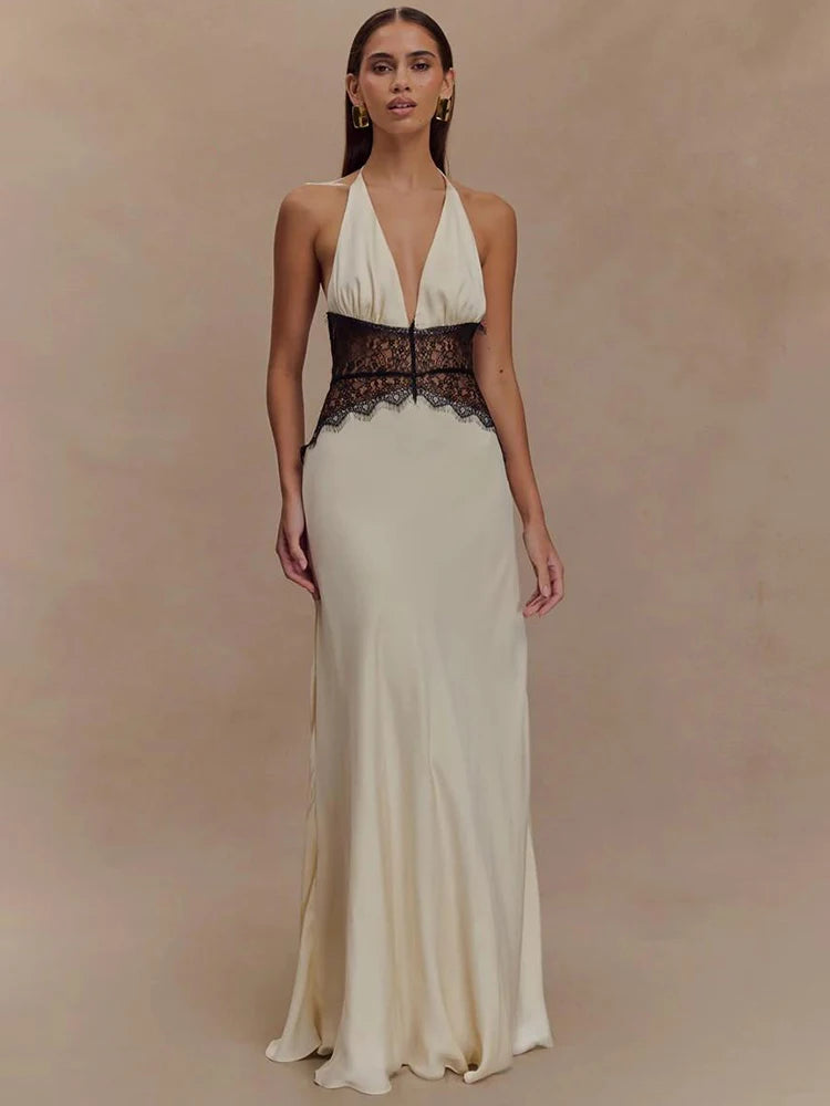 Women's Ivory Satin Deep V-Neck Halter Maxi Dress with Black Lace Corset Waist – Elegant Bridal Wedding Guest Formal Evening Gown