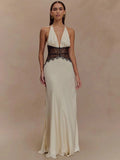 Women's Ivory Satin Deep V-Neck Halter Maxi Dress with Black Lace Corset Waist – Elegant Bridal Wedding Guest Formal Evening Gown