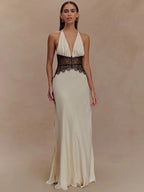 Women's Ivory Satin Deep V-Neck Halter Maxi Dress with Black Lace Corset Waist – Elegant Bridal Wedding Guest Formal Evening Gown