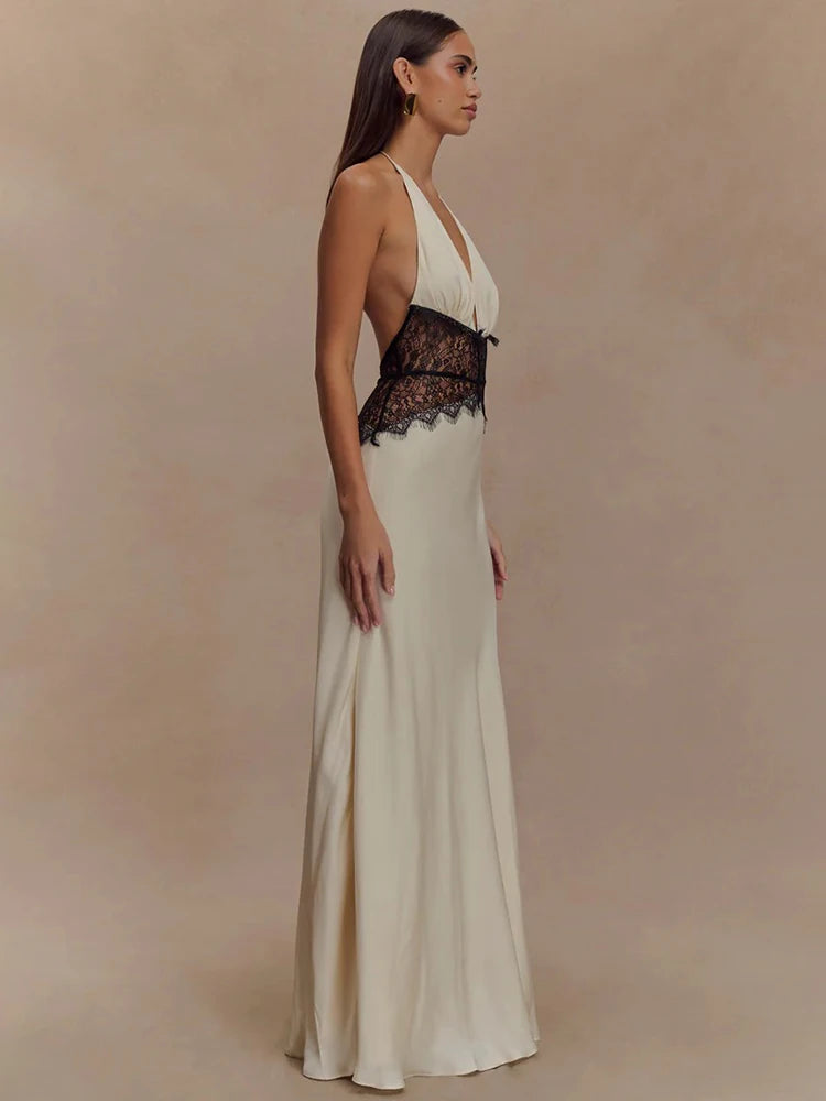 Women's Ivory Satin Deep V-Neck Halter Maxi Dress with Black Lace Corset Waist – Elegant Bridal Wedding Guest Formal Evening Gown