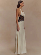 Women's Ivory Satin Deep V-Neck Halter Maxi Dress with Black Lace Corset Waist – Elegant Bridal Wedding Guest Formal Evening Gown