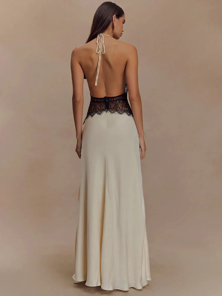 Women's Ivory Satin Deep V-Neck Halter Maxi Dress with Black Lace Corset Waist – Elegant Bridal Wedding Guest Formal Evening Gown