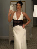 Women's Ivory Satin Deep V-Neck Halter Maxi Dress with Black Lace Corset Waist – Elegant Bridal Wedding Guest Formal Evening Gown