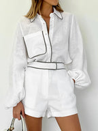 Women's White Linen Contrast Piping Long Sleeve Shirt & Shorts Two-Piece Set – Chic Summer Co-Ord Matching Outfit
