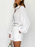 Women's White Linen Contrast Piping Long Sleeve Shirt & Shorts Two-Piece Set – Chic Summer Co-Ord Matching Outfit