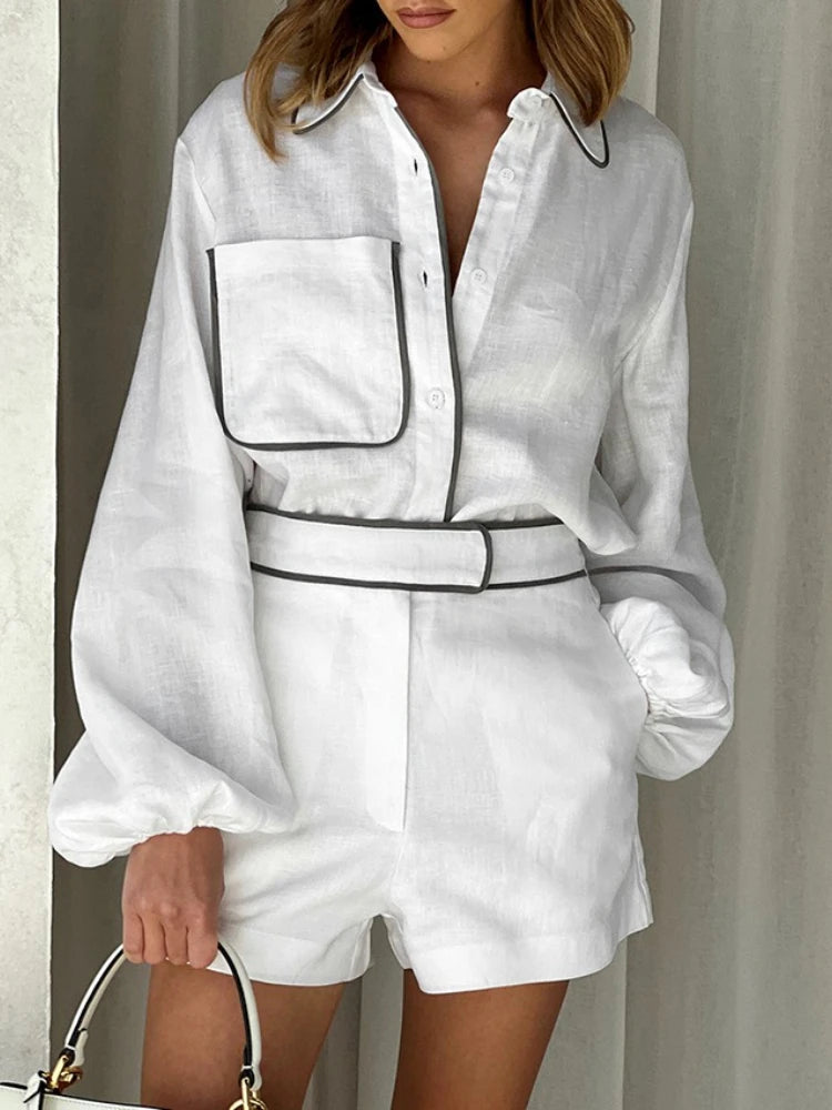 Women's White Linen Contrast Piping Long Sleeve Shirt & Shorts Two-Piece Set – Chic Summer Co-Ord Matching Outfit
