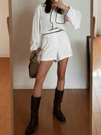 Women's White Linen Contrast Piping Long Sleeve Shirt & Shorts Two-Piece Set – Chic Summer Co-Ord Matching Outfit