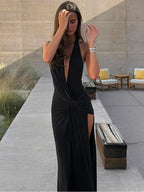 Women's Black Deep V-Neck Halter Ruched Maxi Dress – Sexy Backless High Slit Formal Evening Gown Party Dress