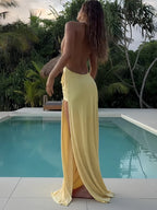 Women's Black Deep V-Neck Halter Ruched Maxi Dress – Sexy Backless High Slit Formal Evening Gown Party Dress