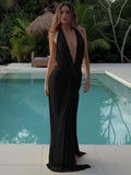 Women's Black Deep V-Neck Halter Ruched Maxi Dress – Sexy Backless High Slit Formal Evening Gown Party Dress