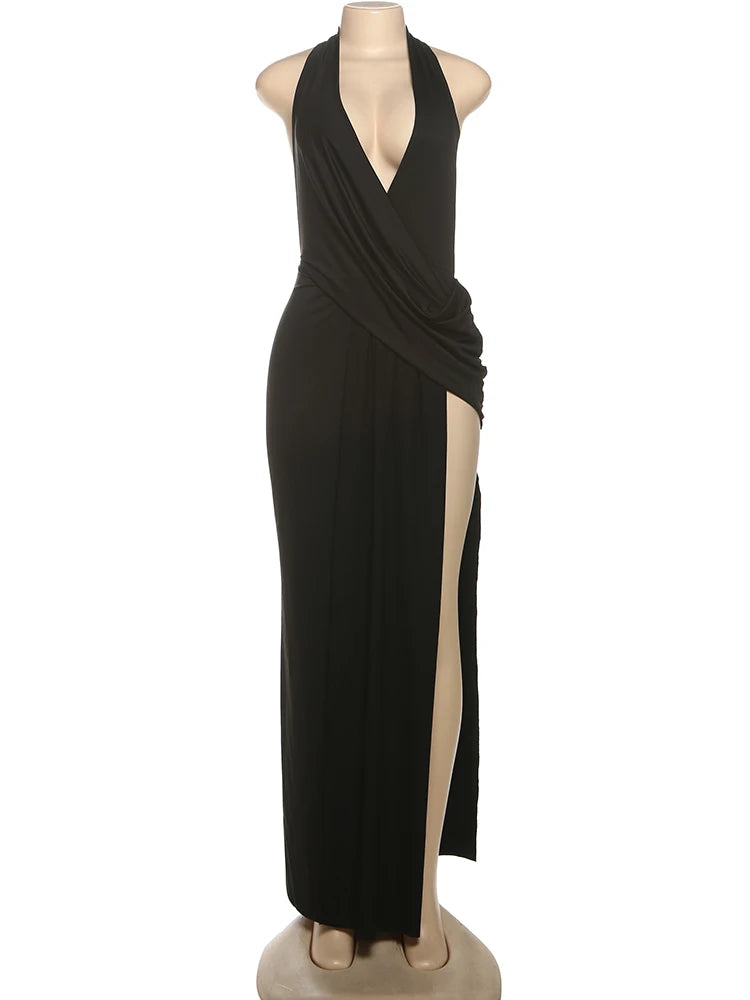Women's Black Deep V-Neck Halter Ruched Maxi Dress – Sexy Backless High Slit Formal Evening Gown Party Dress