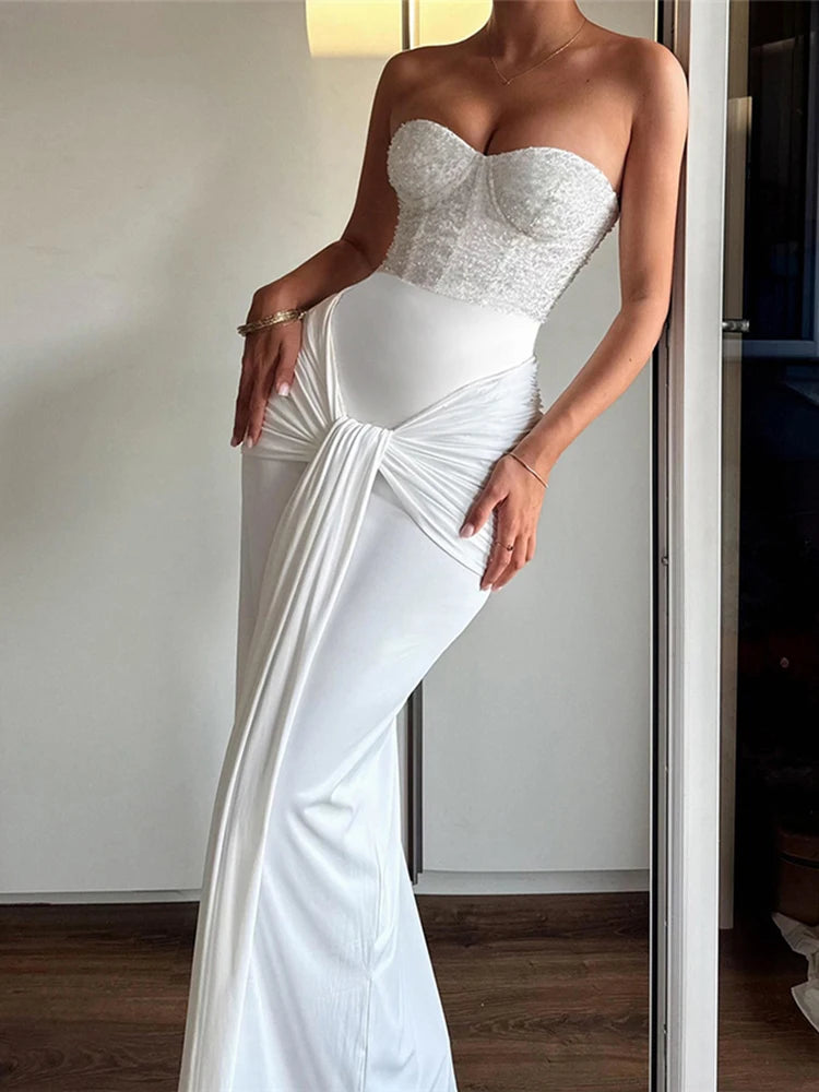 White Strapless Sequin Bandage Maxi Dress