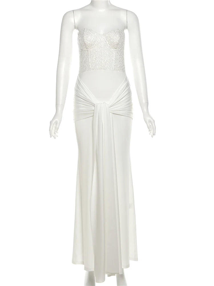 White Strapless Sequin Bandage Maxi Dress