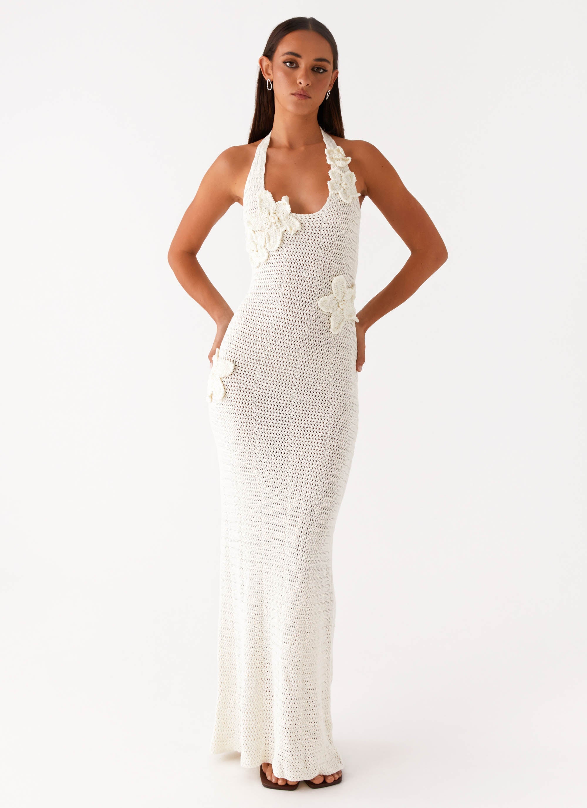 Novalee Collection | Floral Maxi Dress with Crochet Embellishments | Elegant Semi-Sheer Design for Daytime and Evening Wear