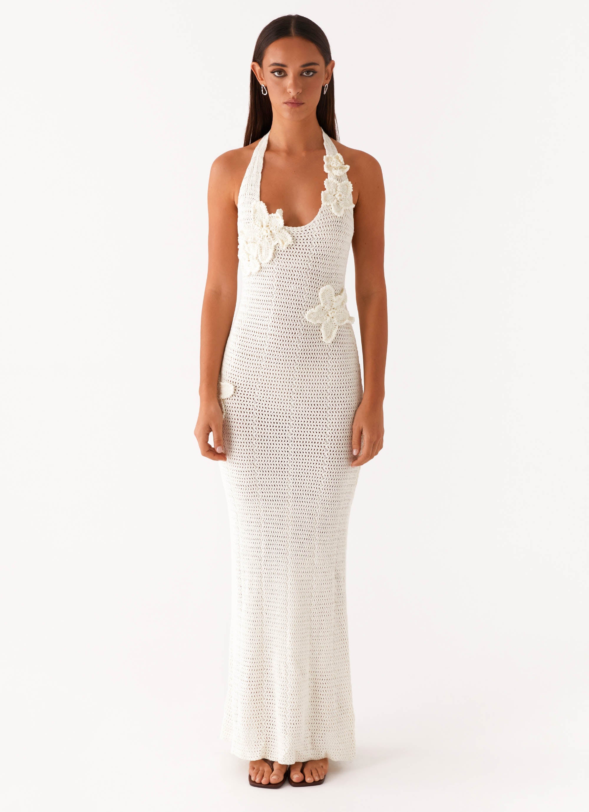 Novalee Collection | Floral Maxi Dress with Crochet Embellishments | Elegant Semi-Sheer Design for Daytime and Evening Wear