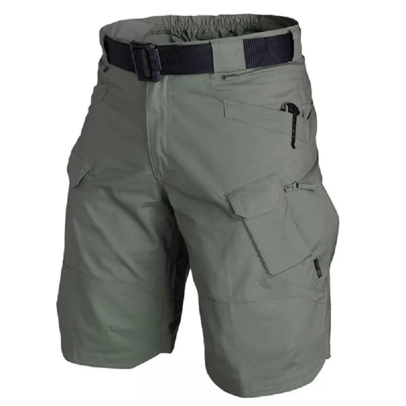 Khaki men's tactical shorts back view, durable ripstop trekking and camping shorts