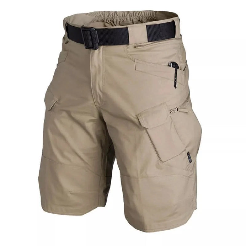 Quick dry tactical cargo shorts worn outdoors, breathable summer hiking shorts for men