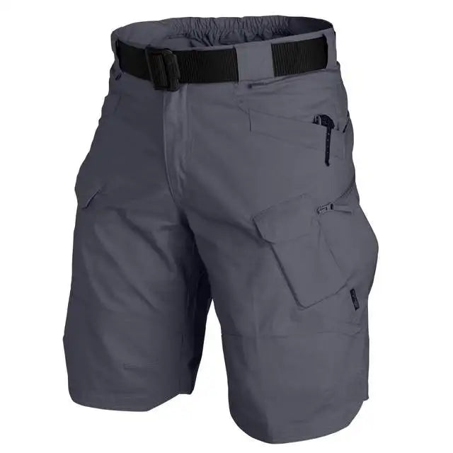 Multi pocket tactical cargo shorts close up, reinforced seams and adjustable waist detail