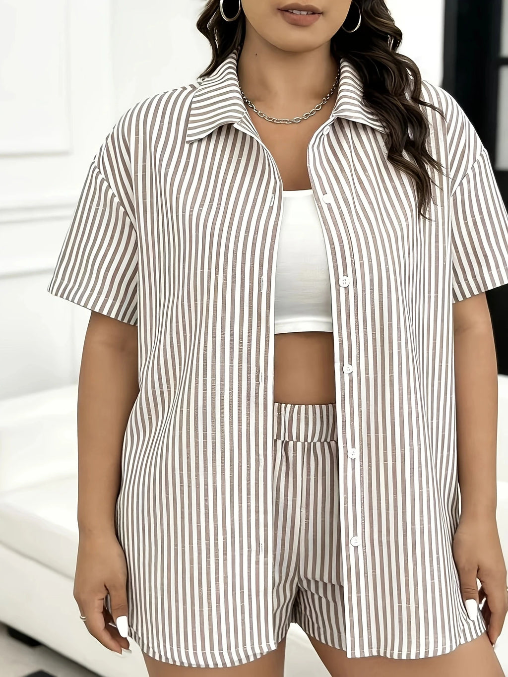 Women's Plus Size Striped Shirt & Shorts Set Casual Two-Piece Button Down Summer Outfit