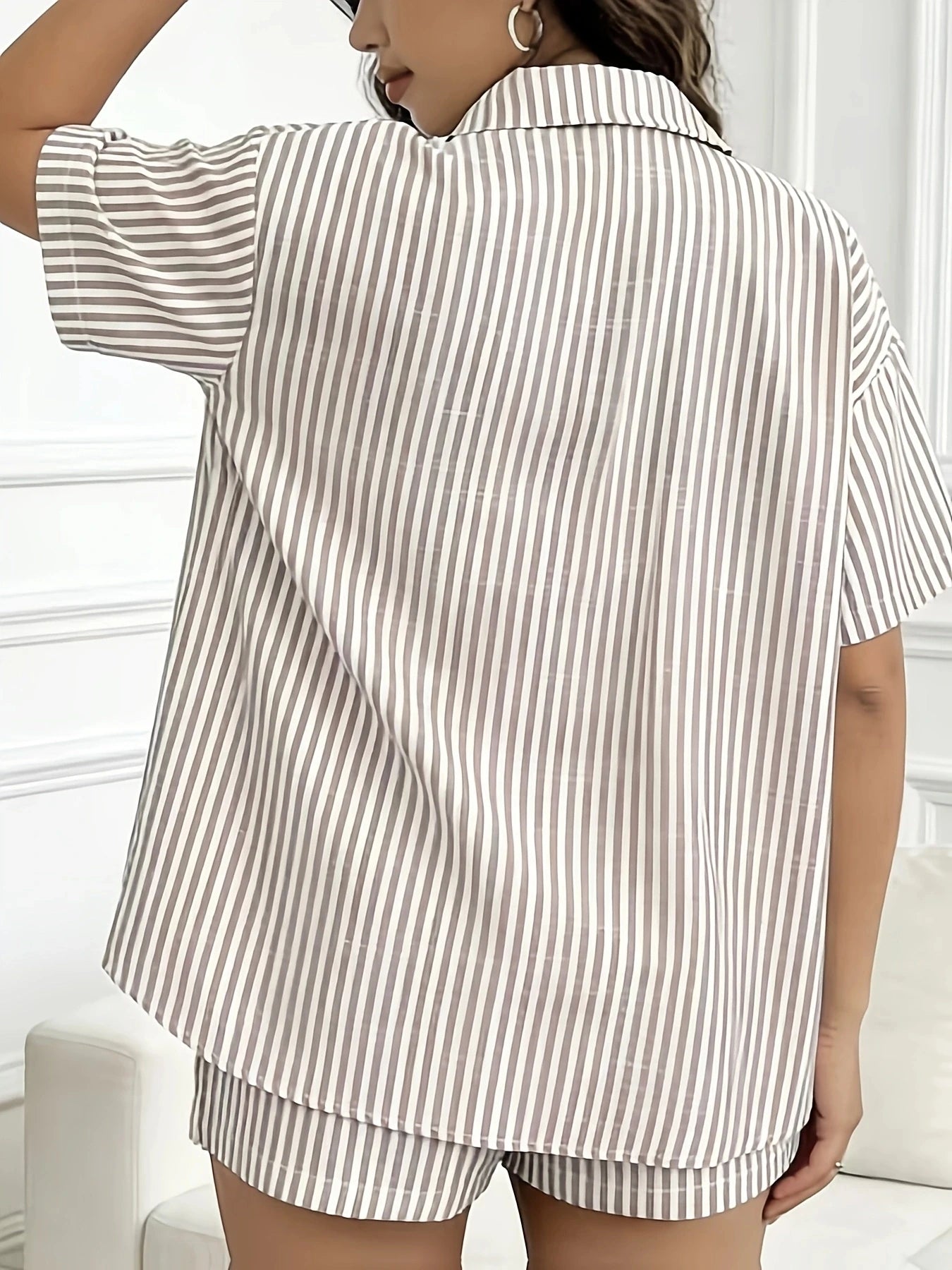 Women's Plus Size Striped Shirt & Shorts Set Casual Two-Piece Button Down Summer Outfit
