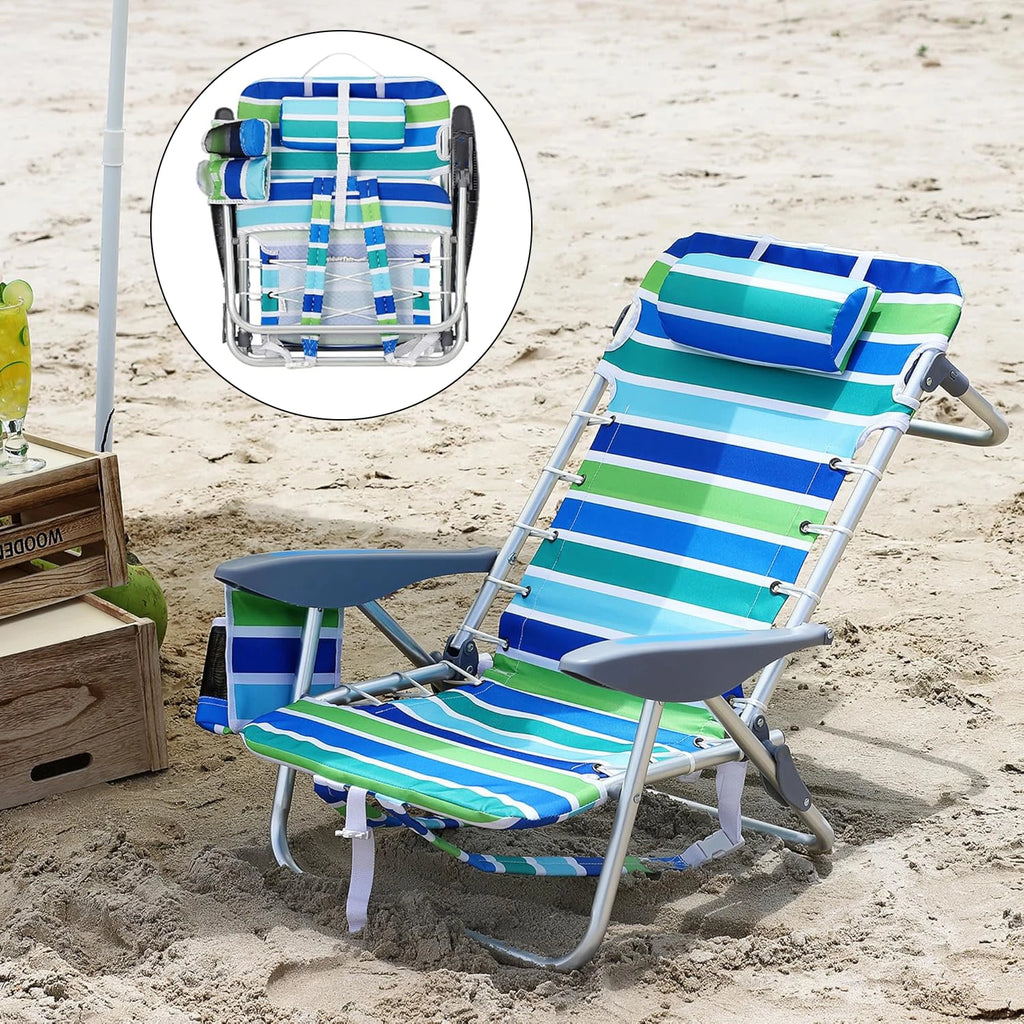 Portable Folding Beach Chair with 5 Reclining Positions Cup Holder and Phone Pocket